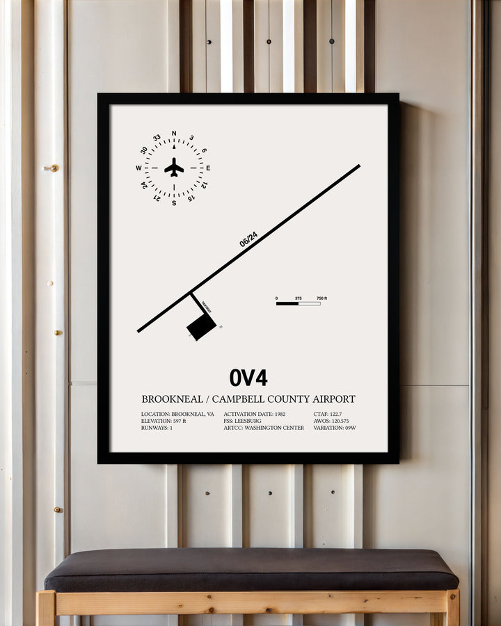 Framed Detailed Airport Map of Brookneal / Campbell County Airport (0V4) in White with a Black Frame