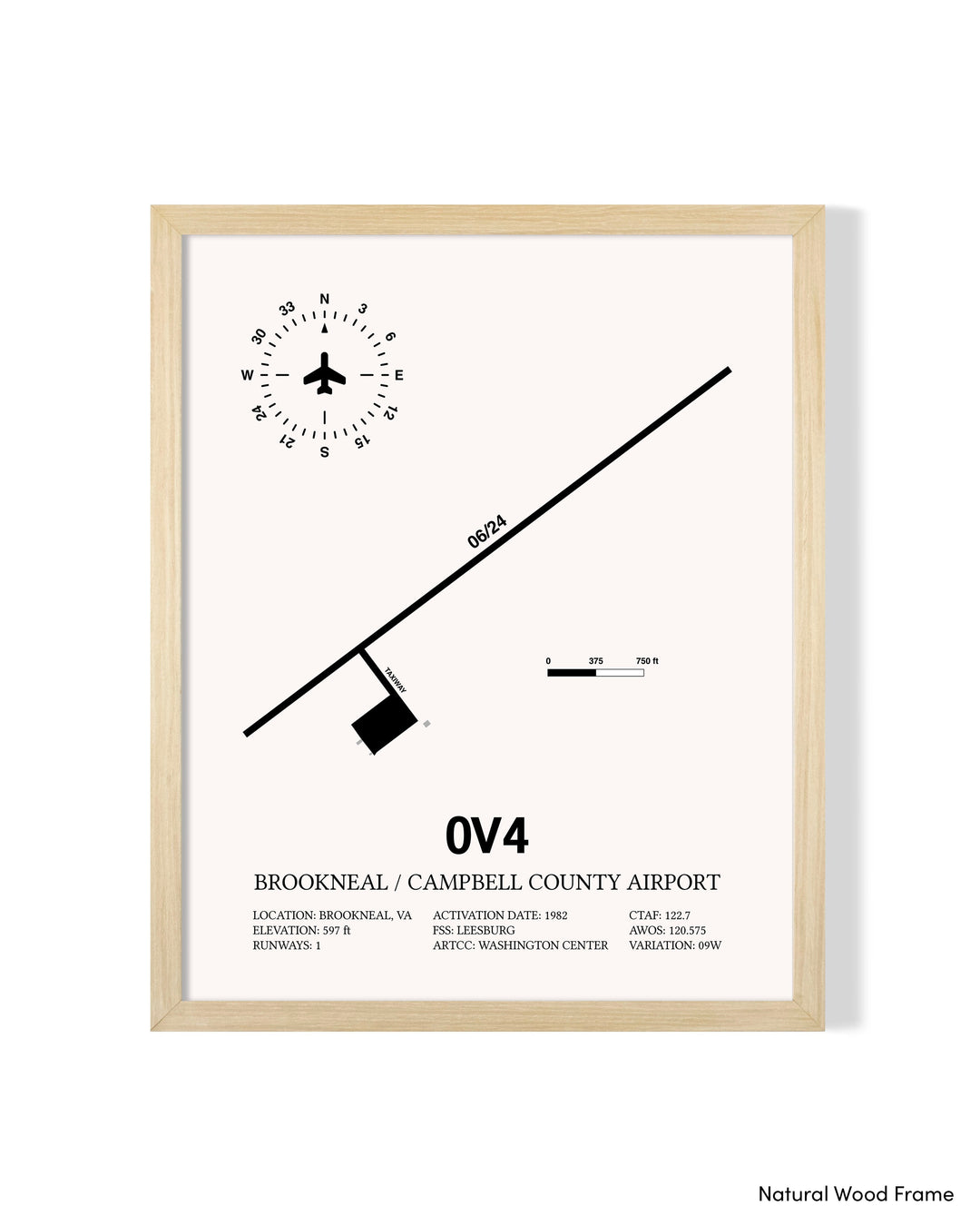 Detailed Airport Map of Brookneal / Campbell County Airport (0V4) in White with a Natural Frame