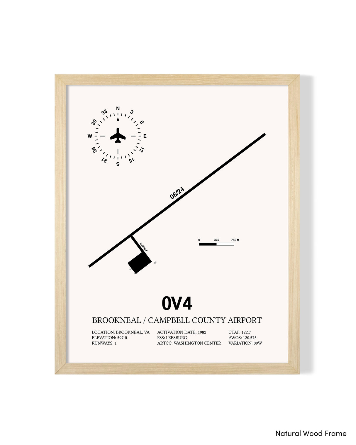 Detailed Airport Map of Brookneal / Campbell County Airport (0V4) in White with a Natural Frame