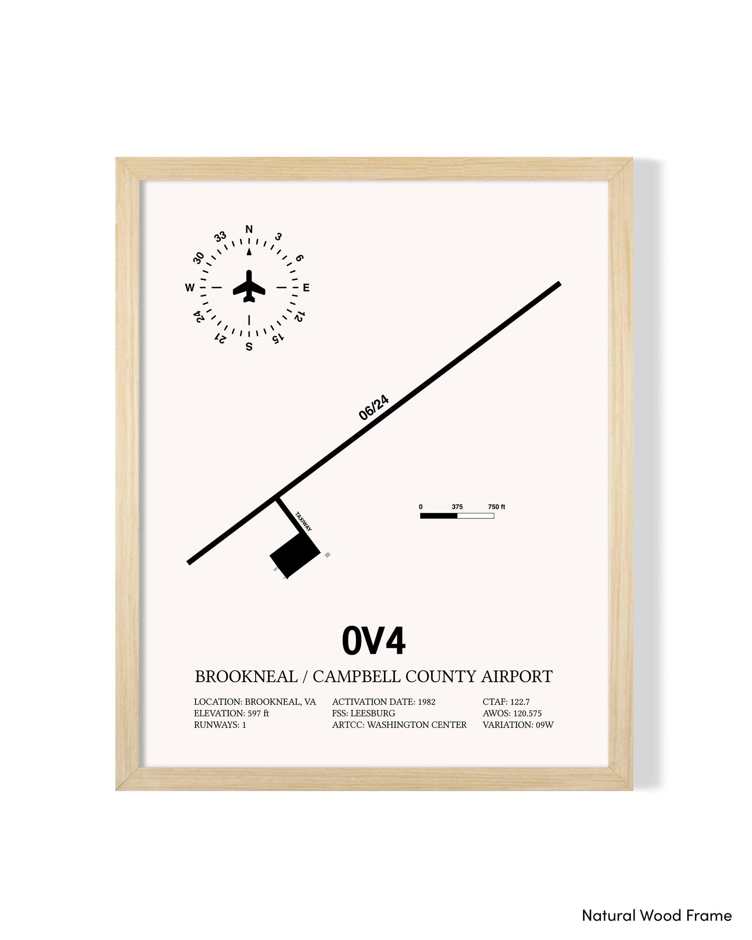 Detailed Airport Map of Brookneal / Campbell County Airport (0V4) in White with a Natural Frame