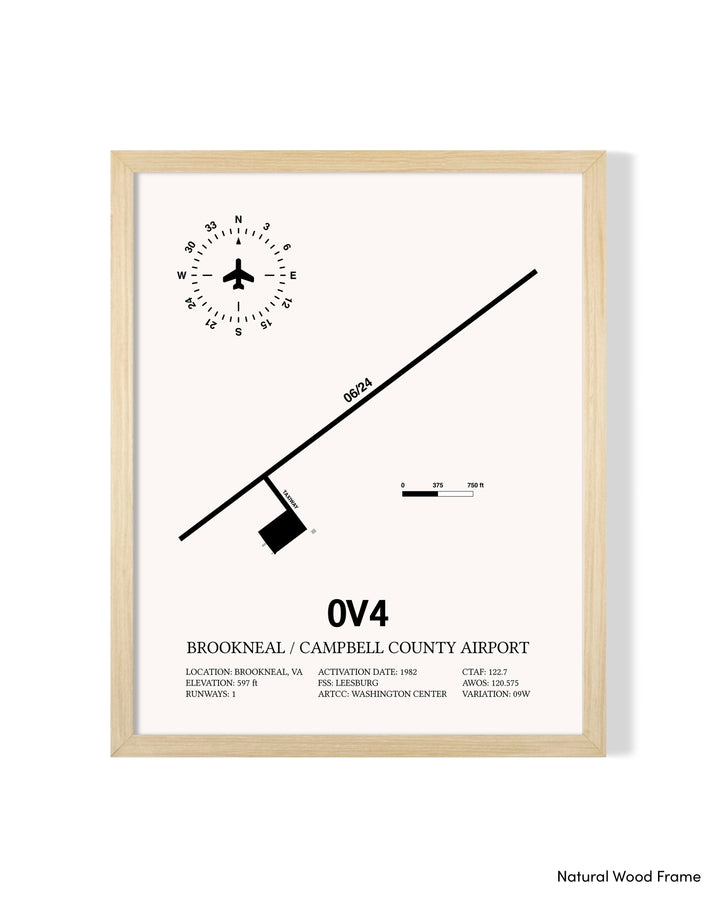 Detailed Airport Map of Brookneal / Campbell County Airport (0V4) in White with a Natural Frame