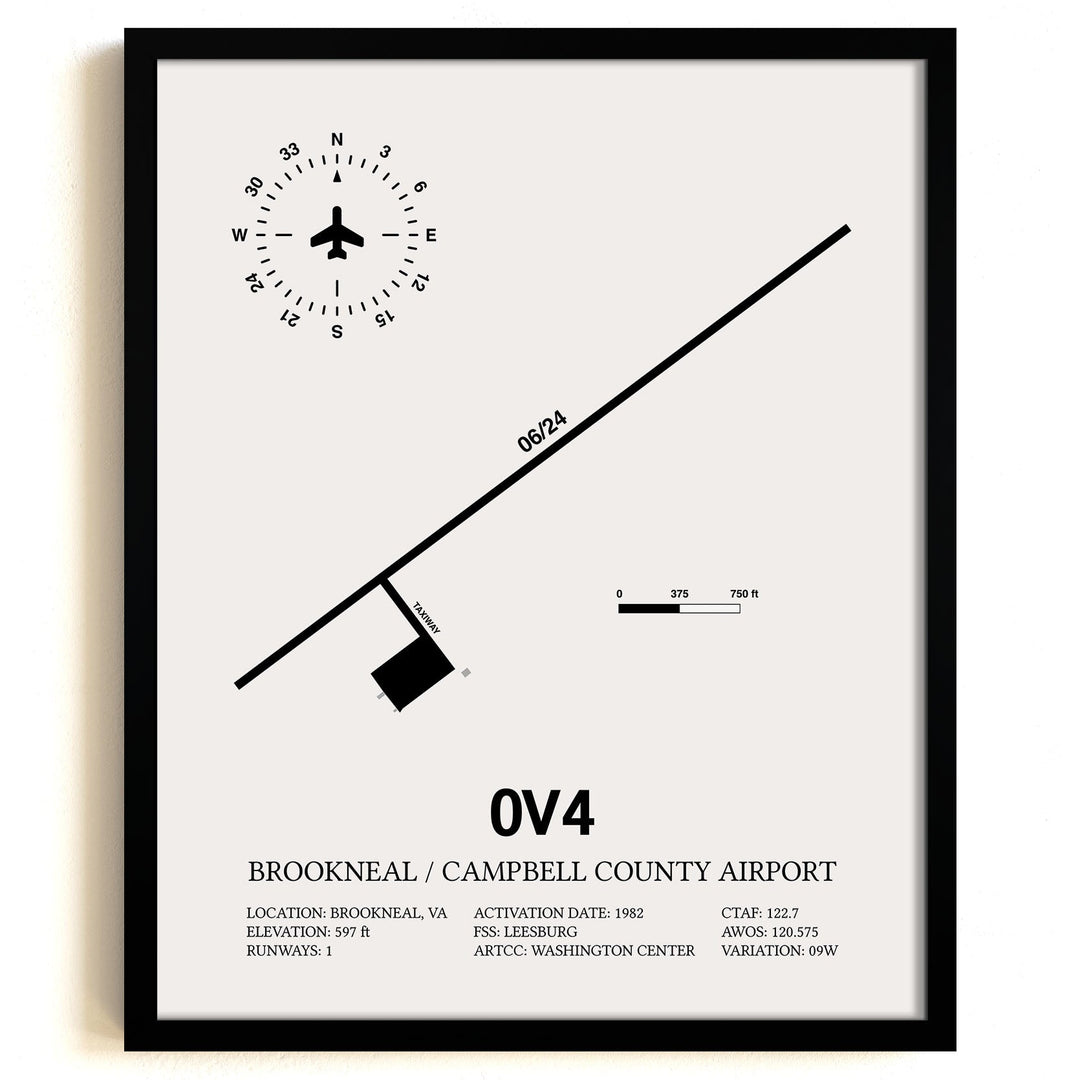 Framed Detailed Airport Map of Brookneal / Campbell County Airport (0V4) in White with a Black Frame