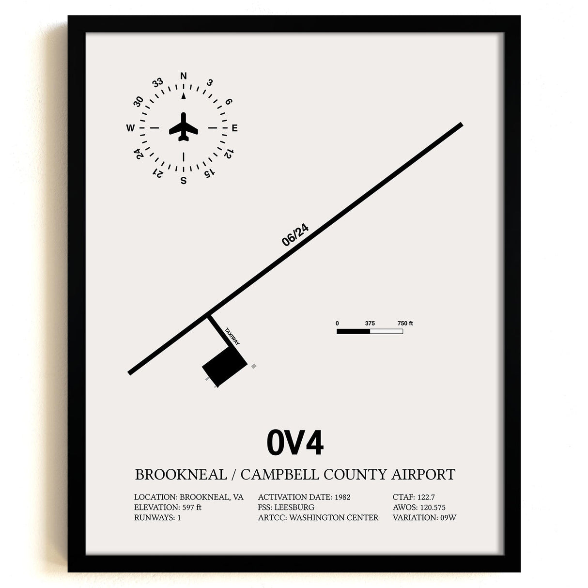 Framed Detailed Airport Map of Brookneal / Campbell County Airport (0V4) in White with a Black Frame
