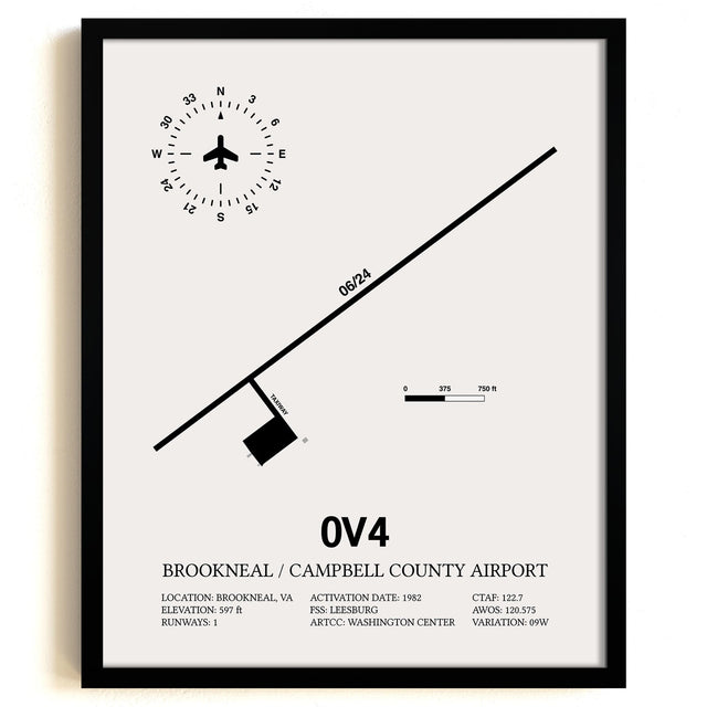 Framed Detailed Airport Map of Brookneal / Campbell County Airport (0V4) in White with a Black Frame