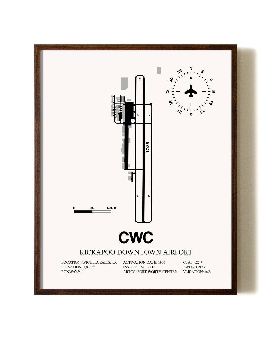 Kickapoo Downtown Airport aviation print in walnut frame