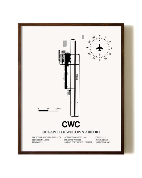 Kickapoo Downtown Airport aviation print in walnut frame