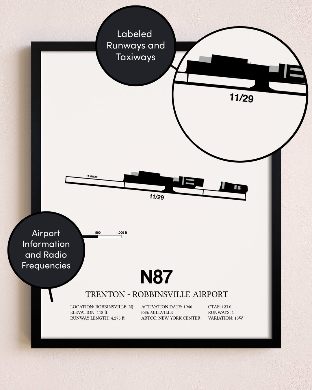 Framed Trenton-Robbinsville Airport layout wall art poster
