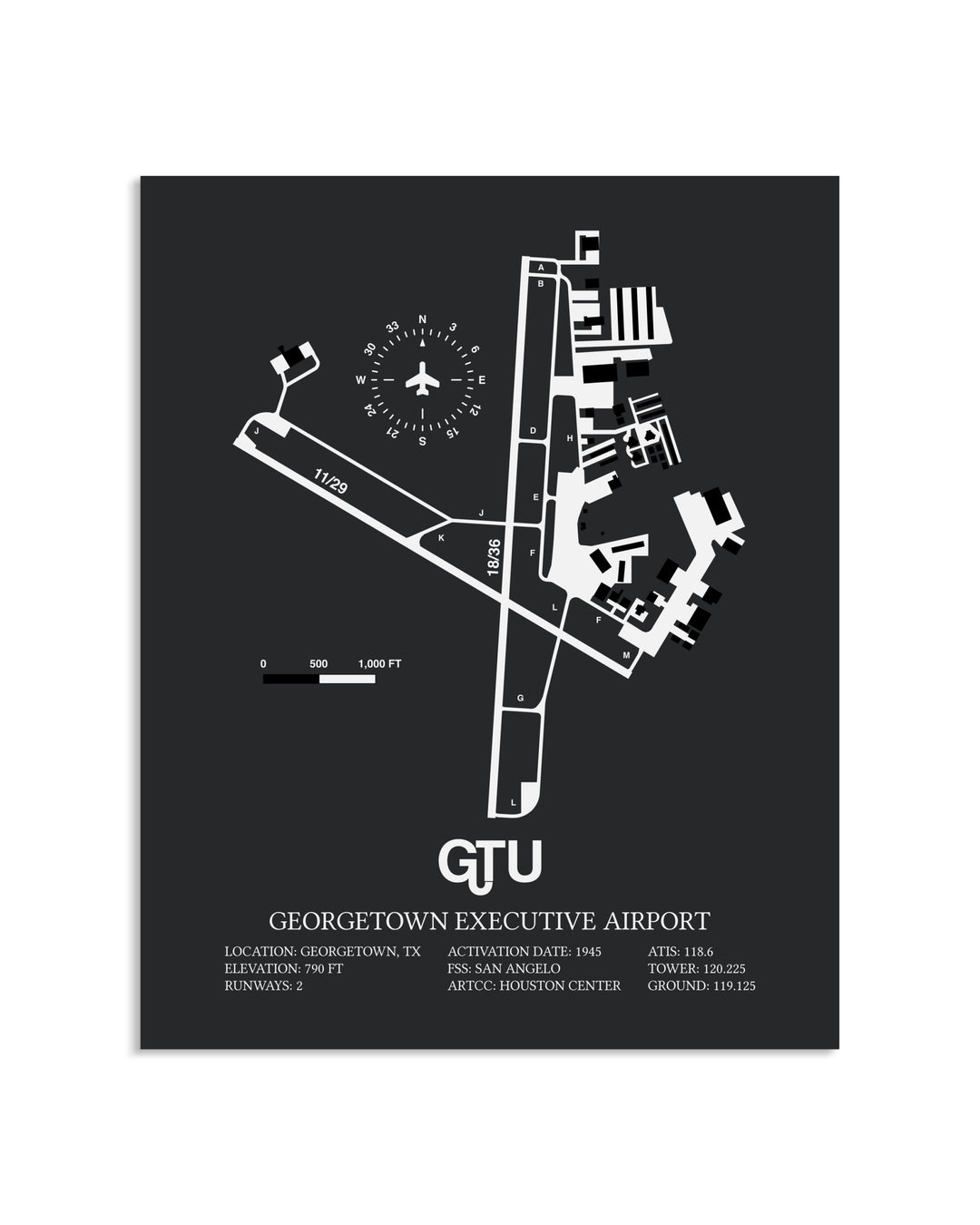 Gray Framed Georgetown Executive Airport At Johnny Gantt Field layout wall art poster