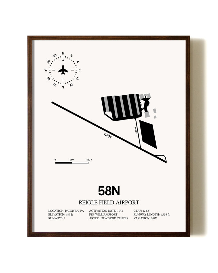 Reigle Field Airport aviation print in walnut frame