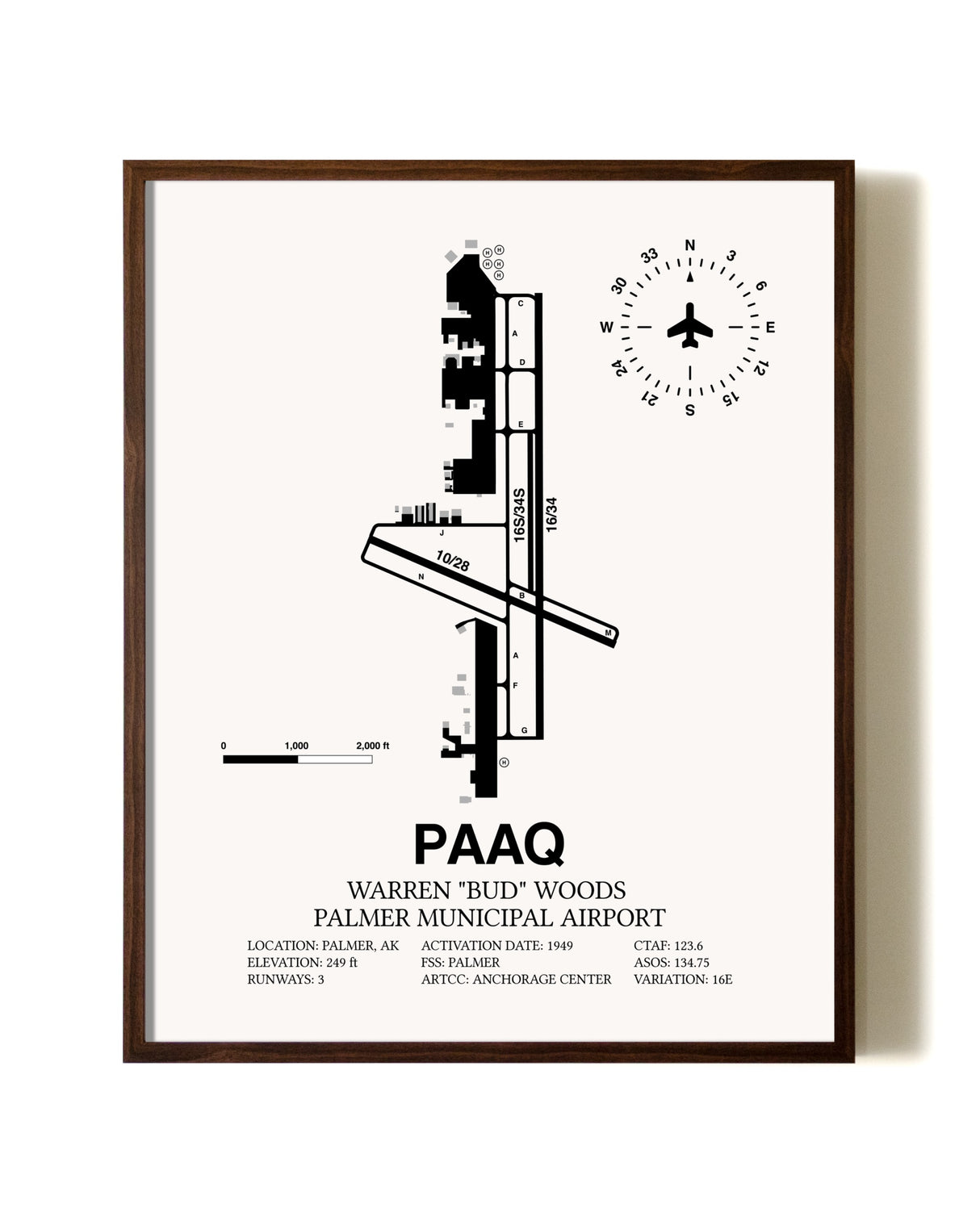 Warren "Bud" Woods Palmer Municipal Airport aviation print in walnut frame
