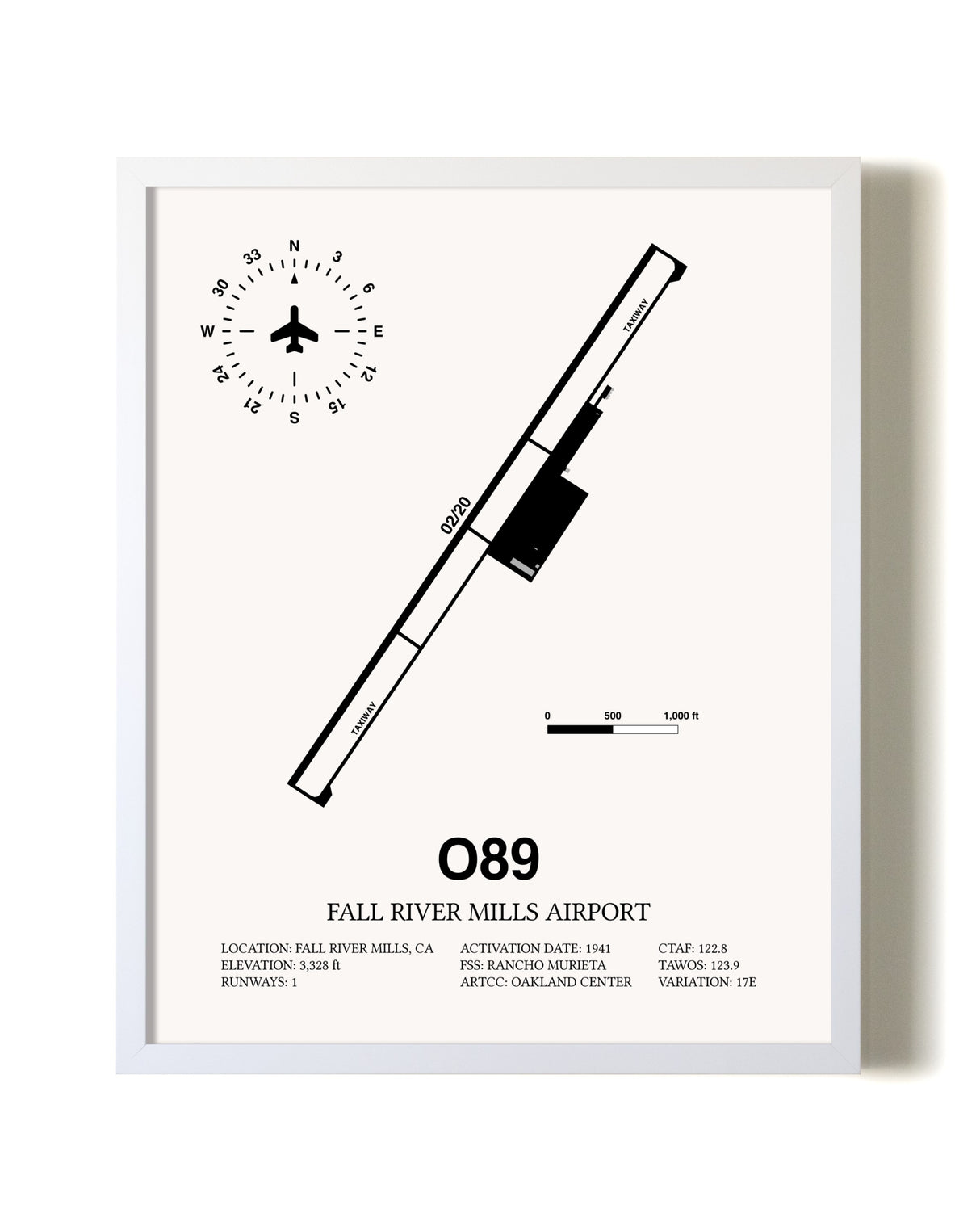 Fall River Mills Airport airport map poster in oak frame