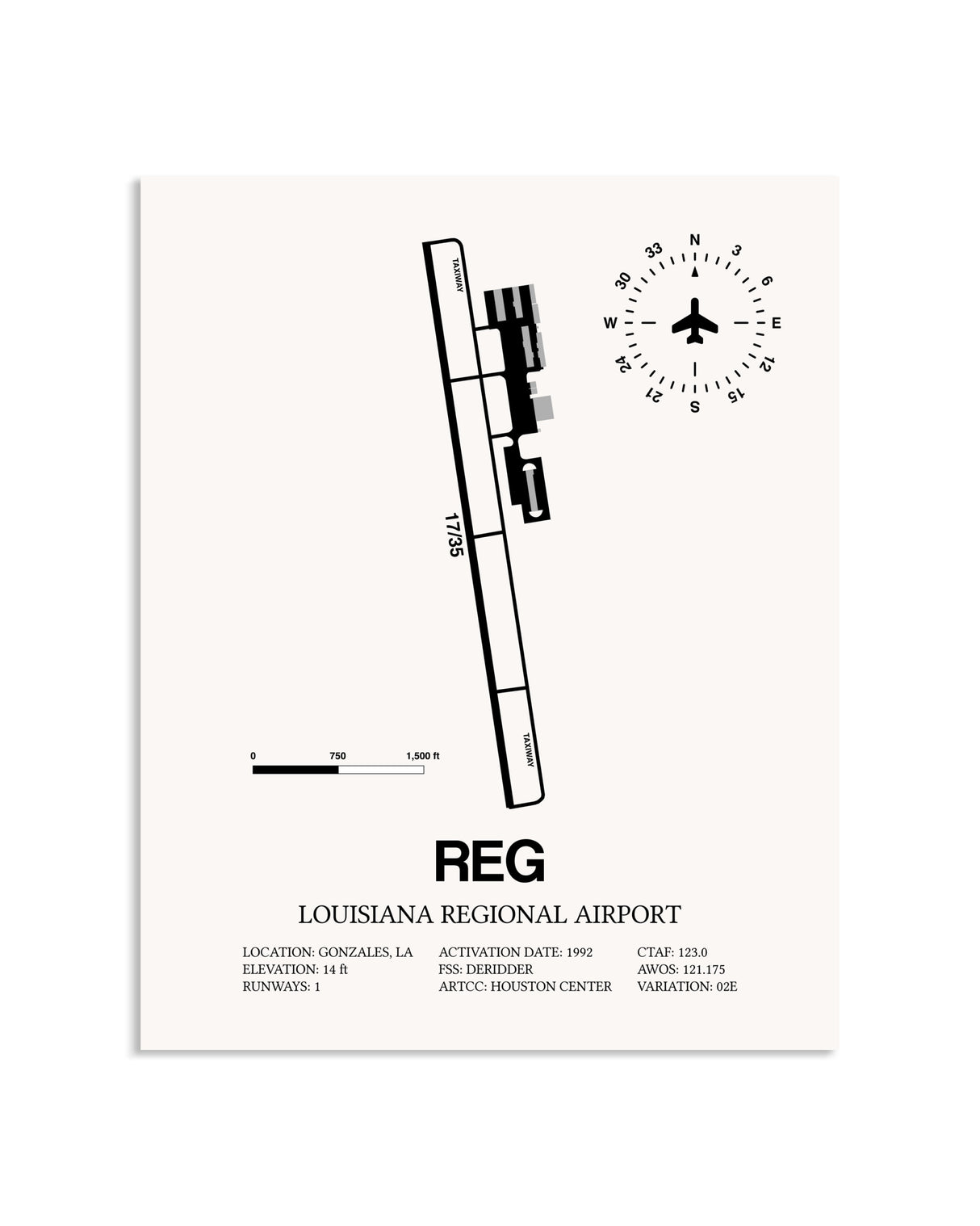 Gray Louisiana Regional Airport framed poster displayed in an airplane hangar