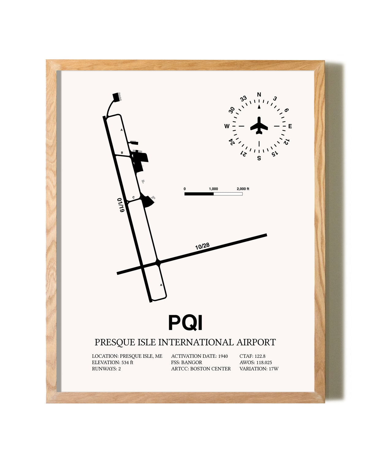 Presque Isle International Airport framed print in natural wood frame