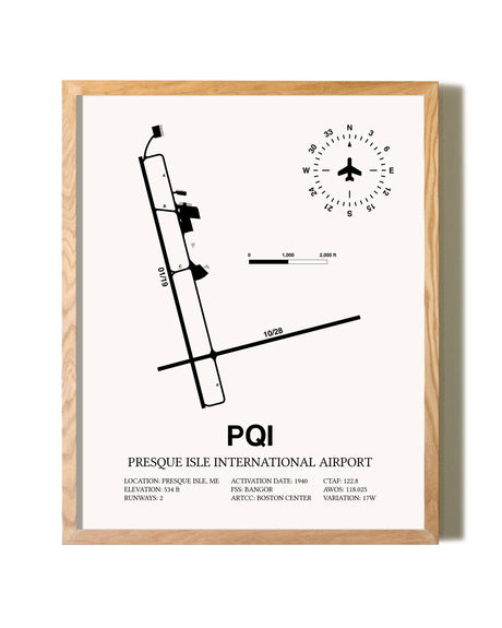 Presque Isle International Airport framed print in natural wood frame