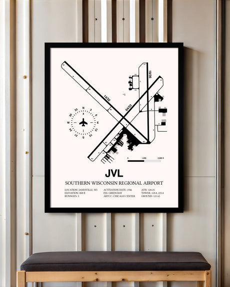 Southern Wisconsin Regional Airport framed poster displayed in an airplane hangar