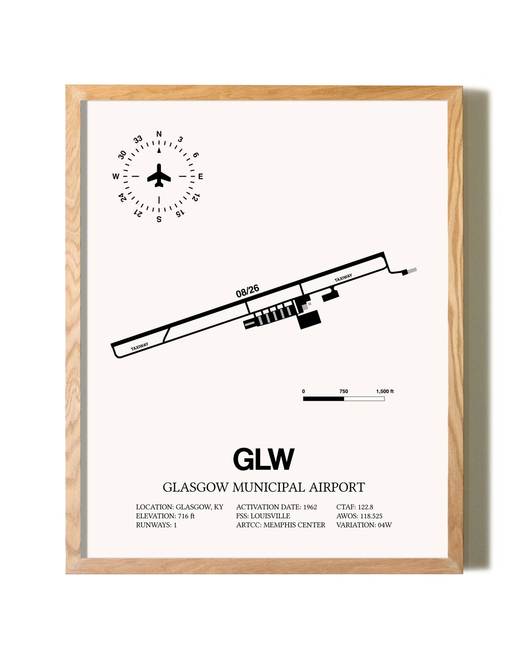 Glasgow Municipal Airport framed print in natural wood frame