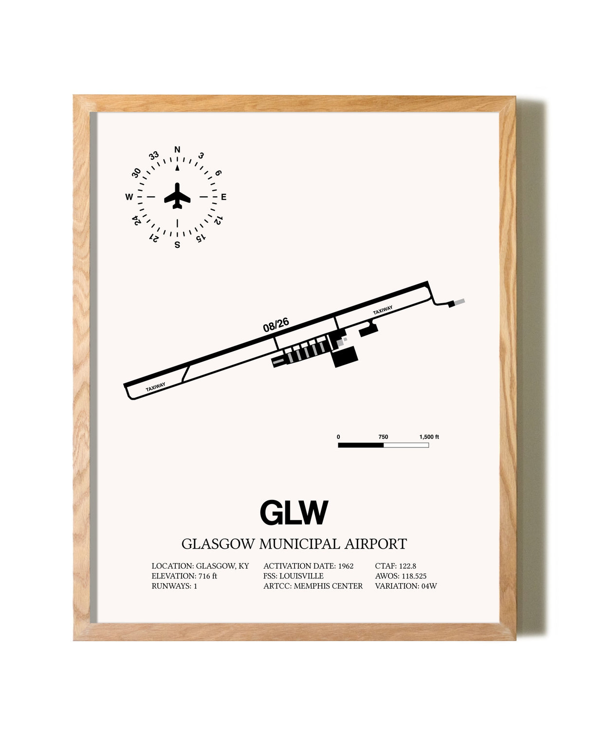 Glasgow Municipal Airport framed print in natural wood frame