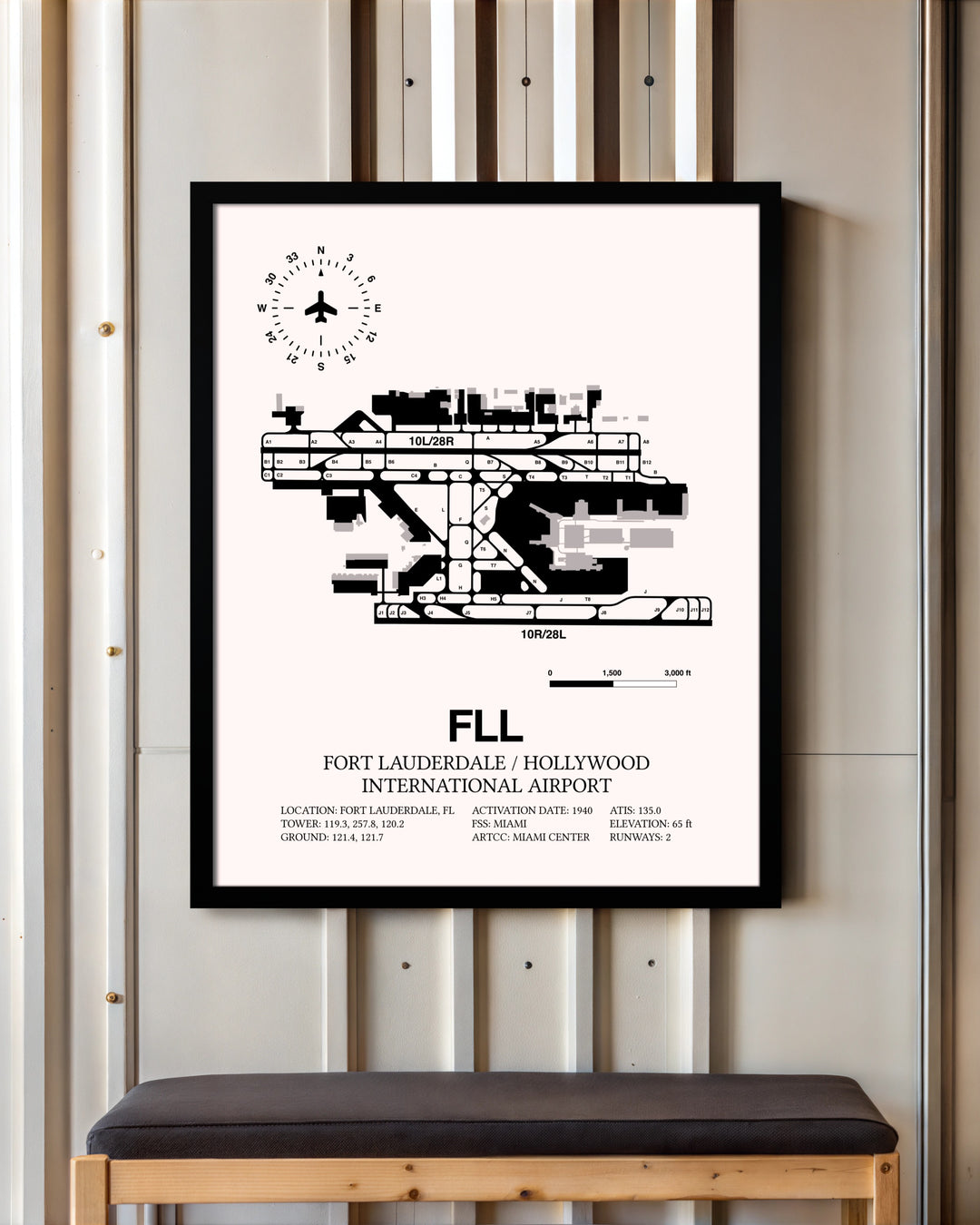 Fort Lauderdale / Hollywood International Airport framed poster displayed in an airplane hangar