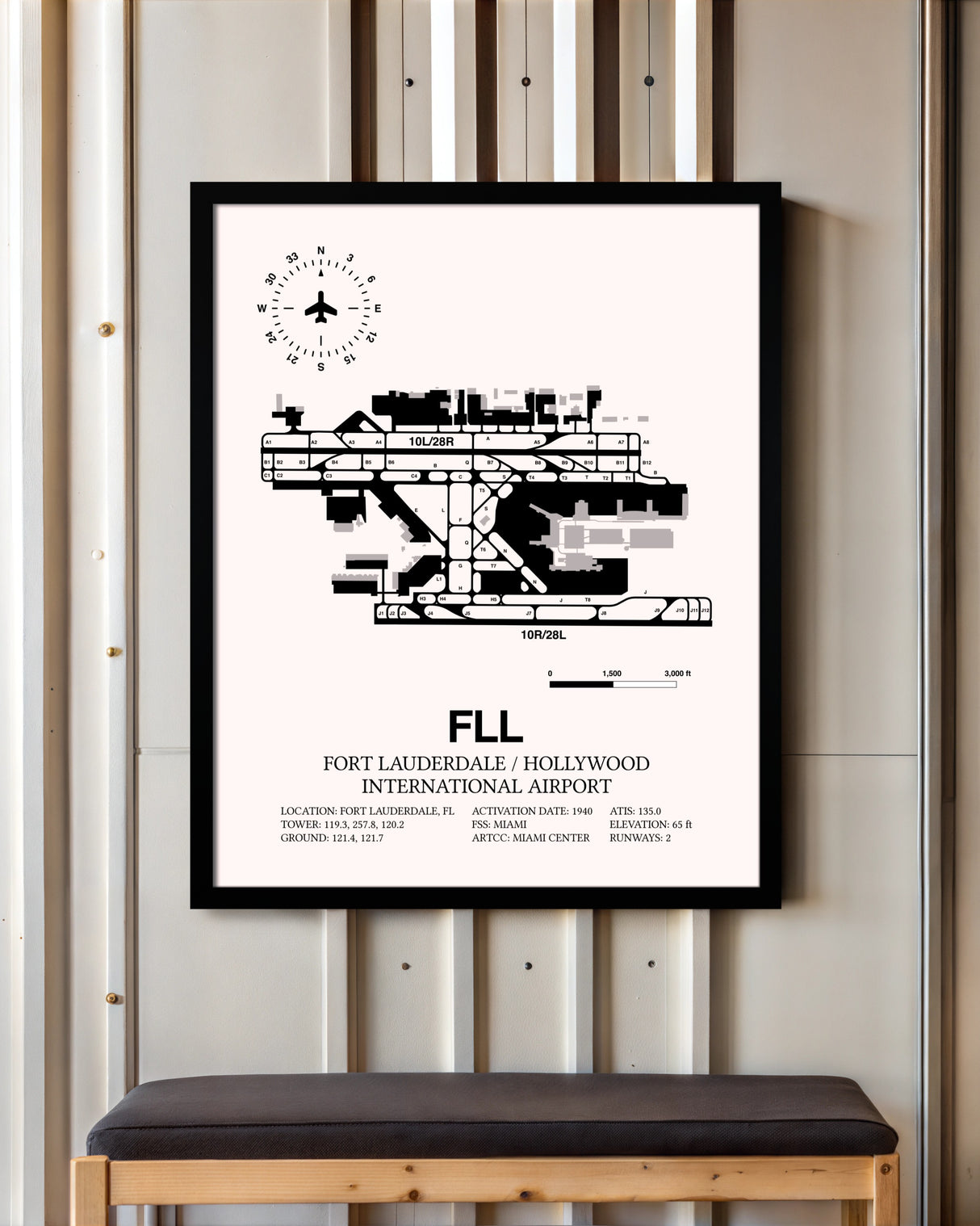 Fort Lauderdale / Hollywood International Airport framed poster displayed in an airplane hangar