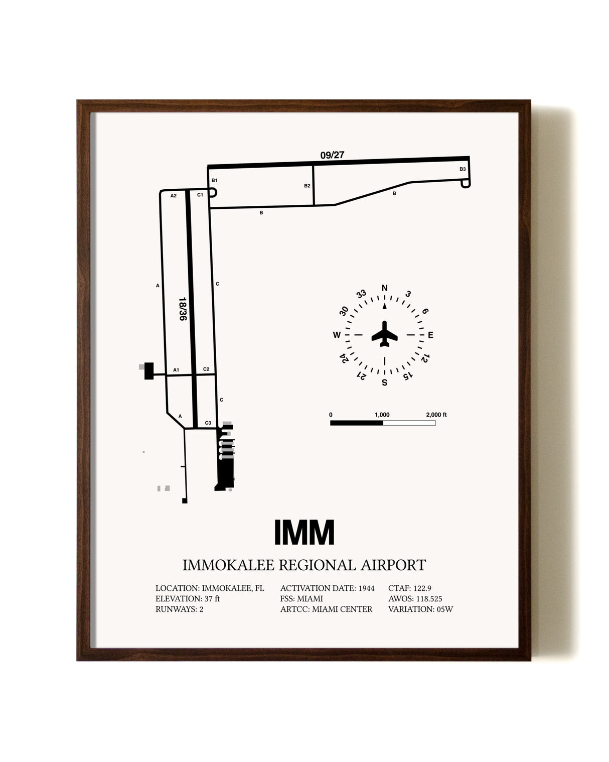 Immokalee Regional Airport aviation print in walnut frame
