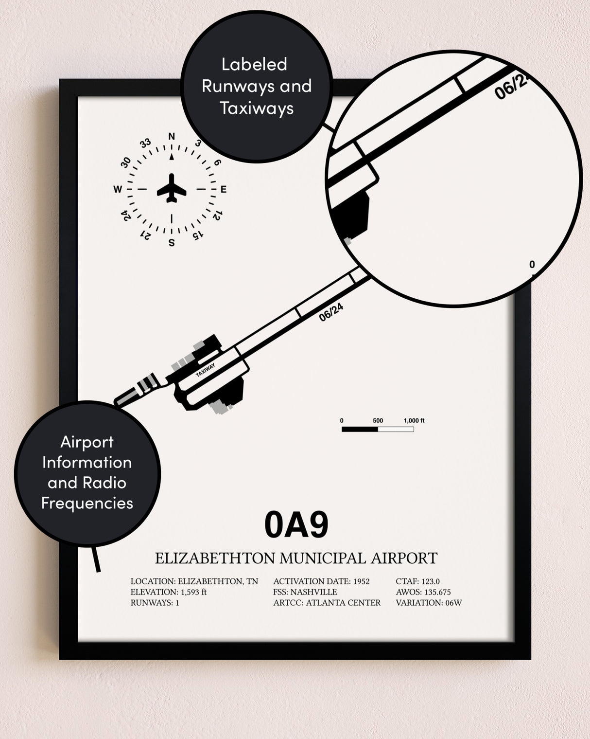 Framed Elizabethton Municipal Airport layout wall art poster
