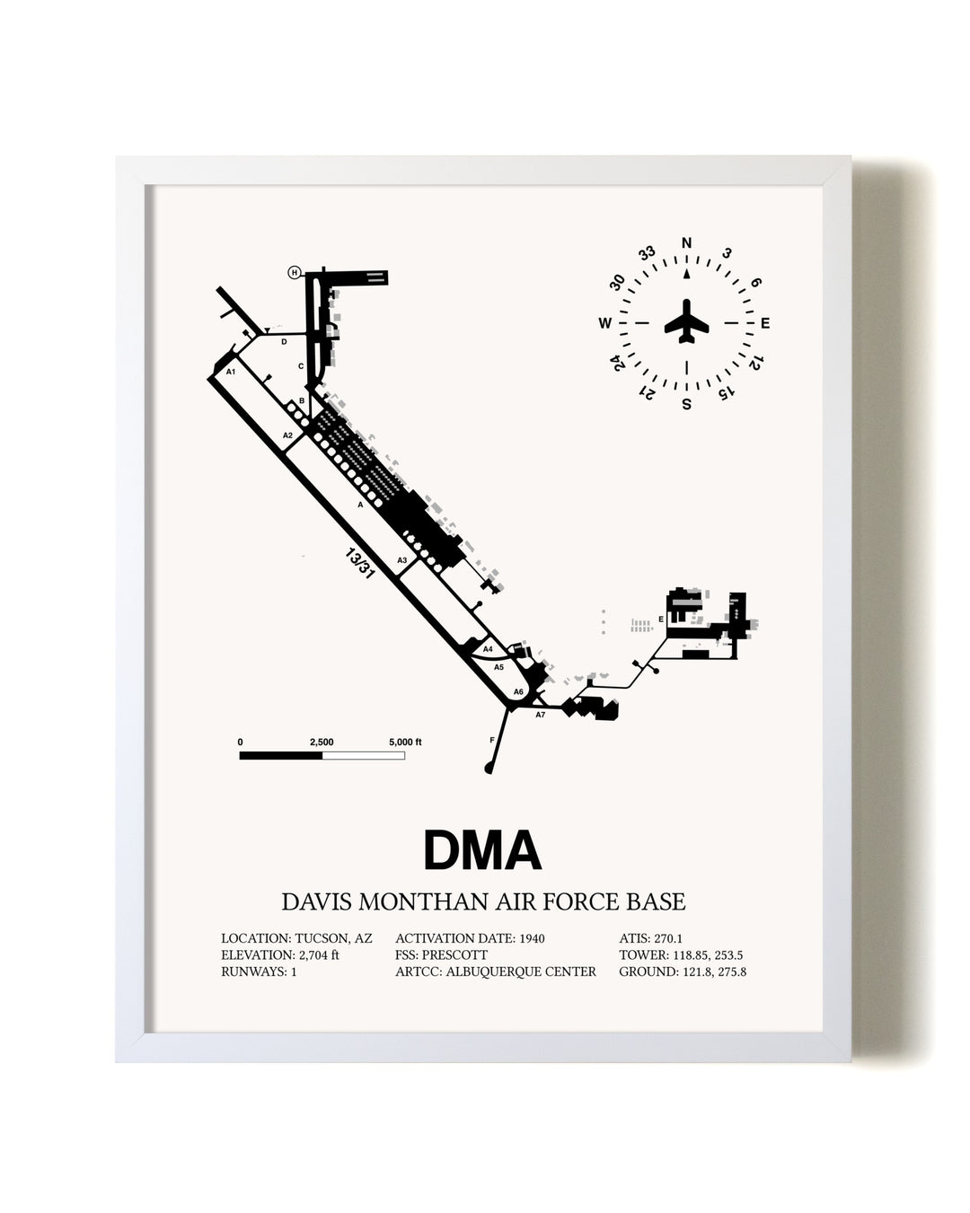 Davis Monthan Air Force Base airport map poster in oak frame