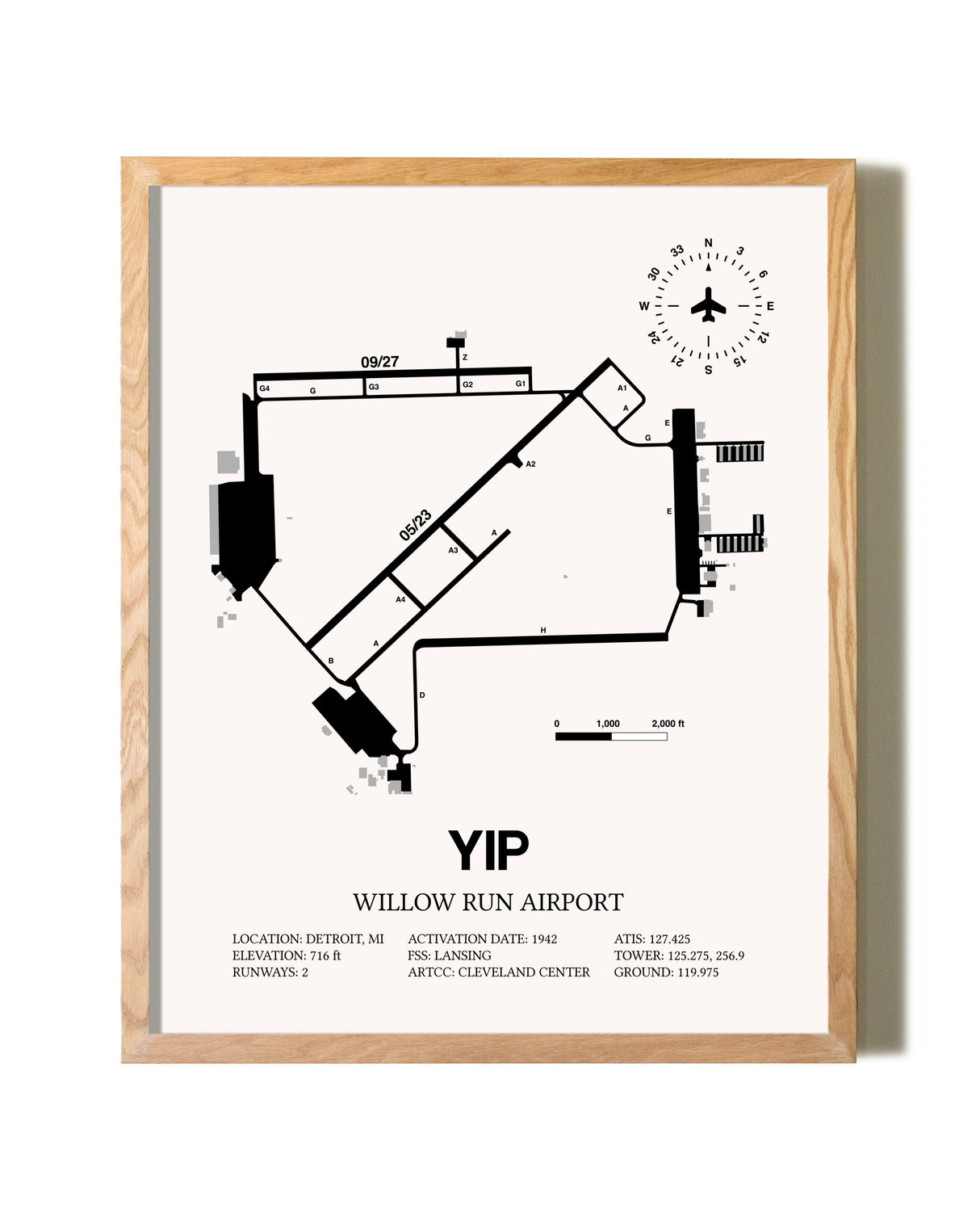 Willow Run Airport framed print in natural wood frame