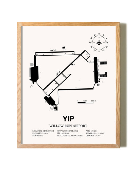 Willow Run Airport framed print in natural wood frame