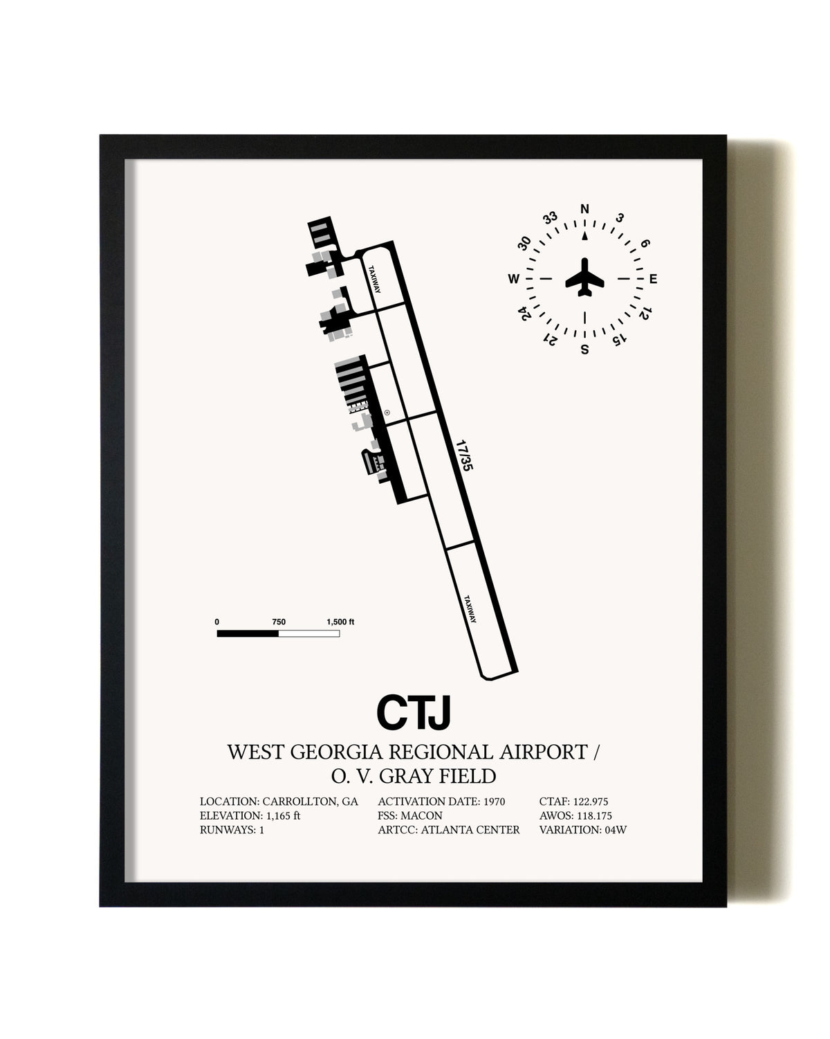 Framed West Georgia Regional Airport/ O. V. Gray Field wall art poster in black frame