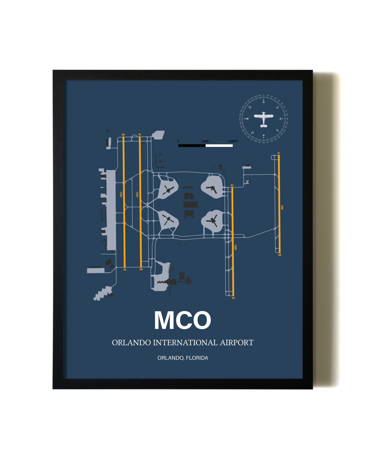 Blue and Yellow Framed Orlando International Airport wall art poster in black frame