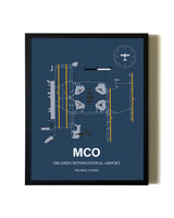 Blue and Yellow Framed Orlando International Airport wall art poster in black frame