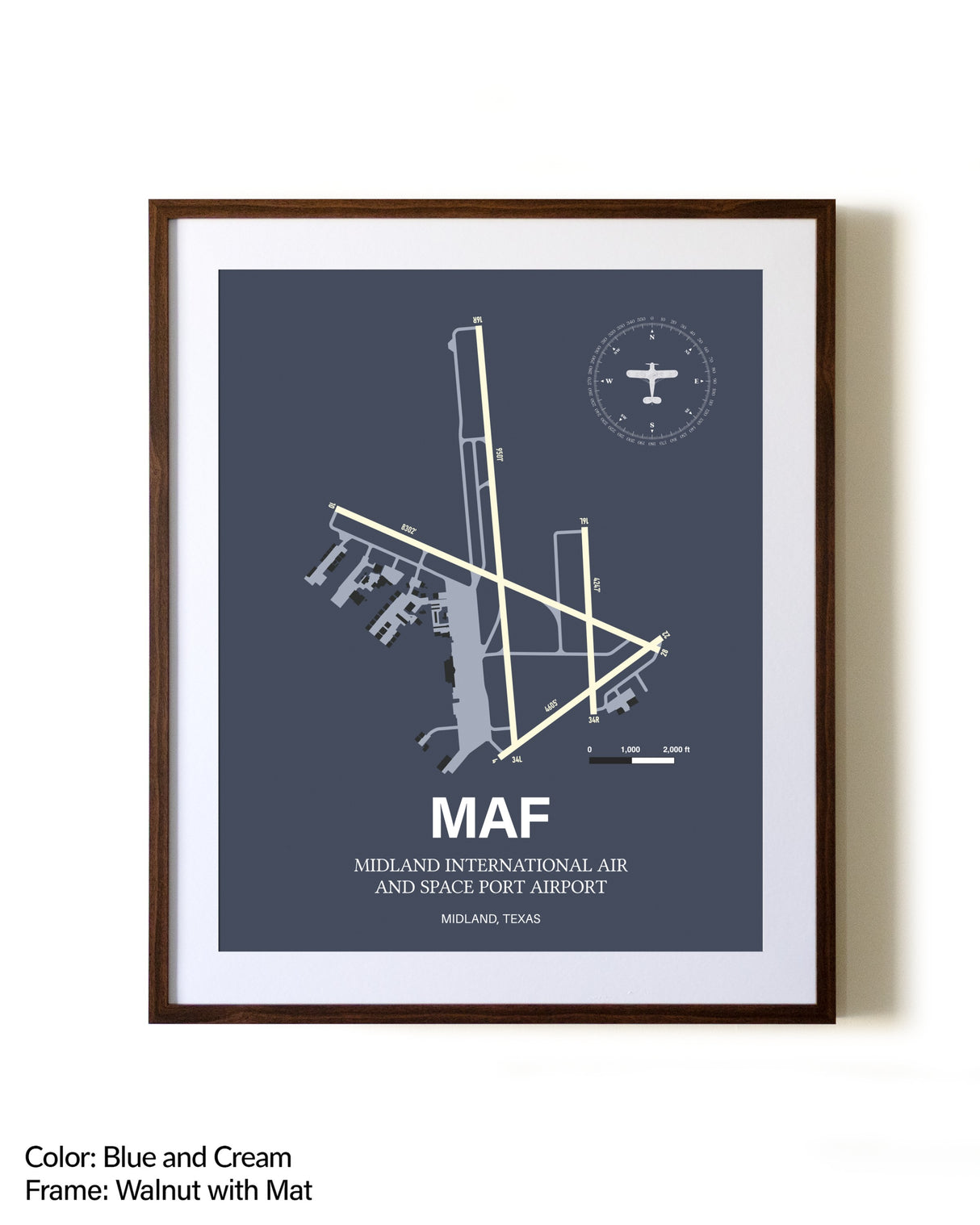 Midland International Air and Space Port Airport aviation print in walnut frame with mat