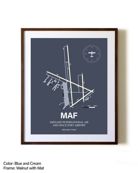 Midland International Air and Space Port Airport aviation print in walnut frame with mat