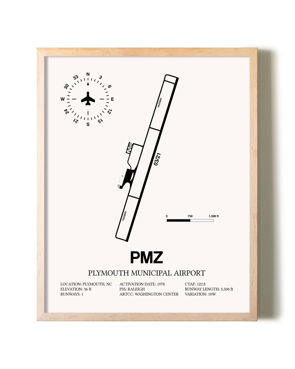 Plymouth Municipal Airport framed wall art in white frame