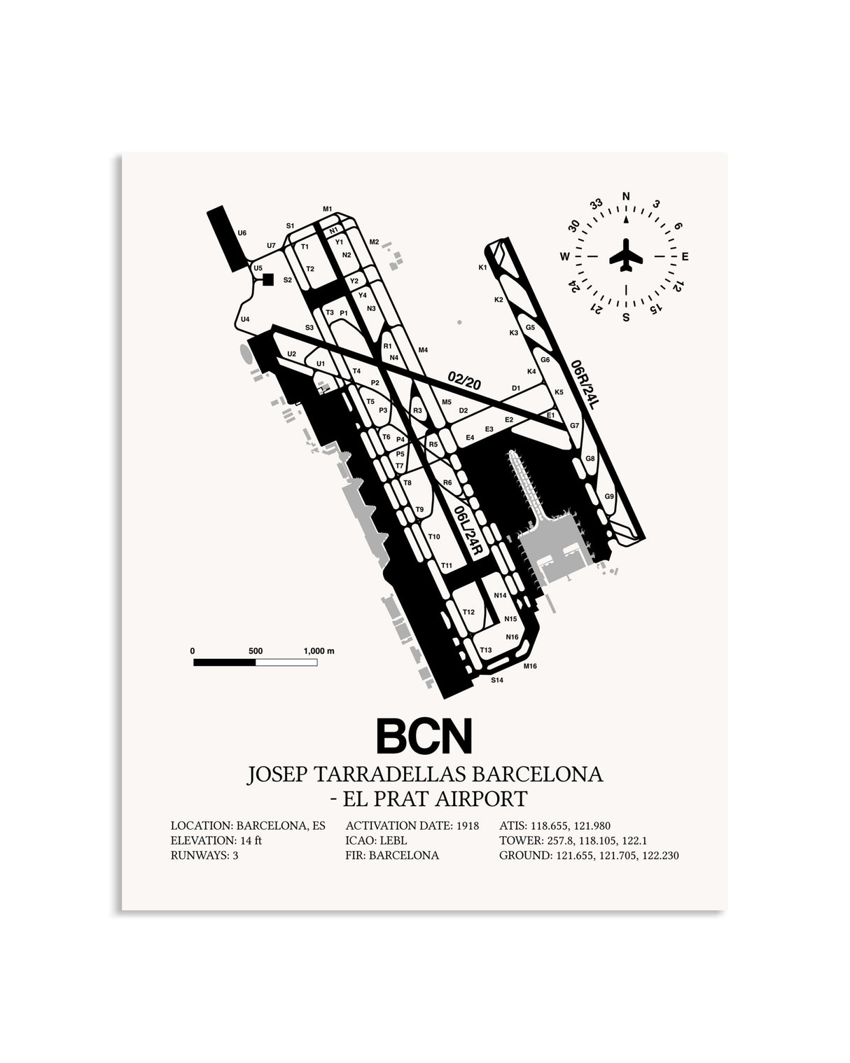 Gray Josep Tarradellas Barcelona-El Prat Airport framed poster displayed in an airplane hangar