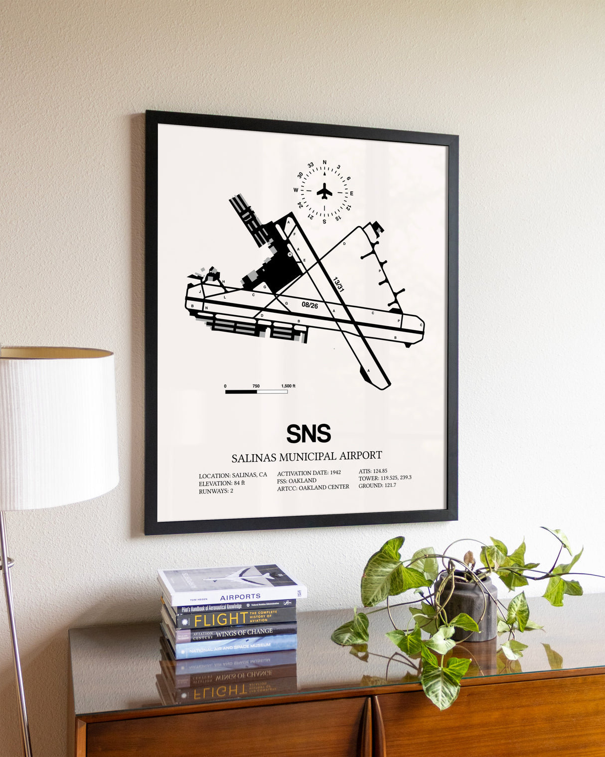 Salinas Municipal Airport aviation wall décor in black wood frame