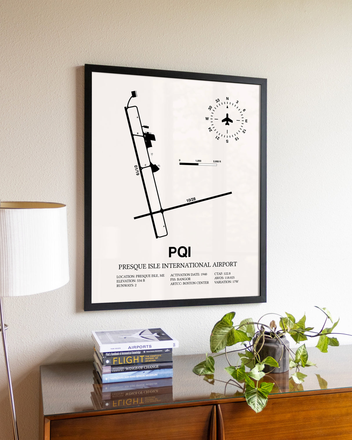 Presque Isle International Airport aviation wall décor in black wood frame