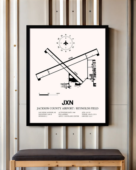 Jackson County Airport / Reynolds Field framed poster displayed in an airplane hangar