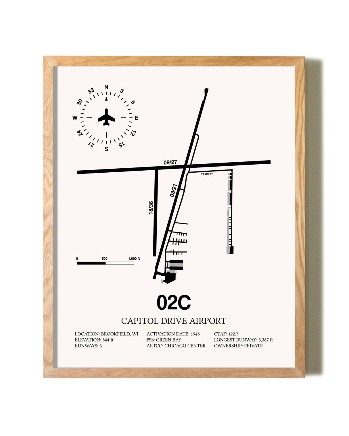 Capitol Drive Airport framed print in natural wood frame