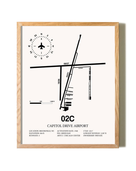 Capitol Drive Airport framed print in natural wood frame