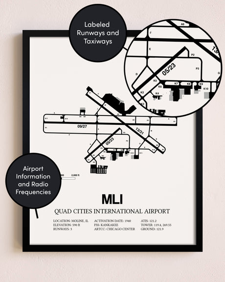 Framed Quad Cities International Airport layout wall art poster