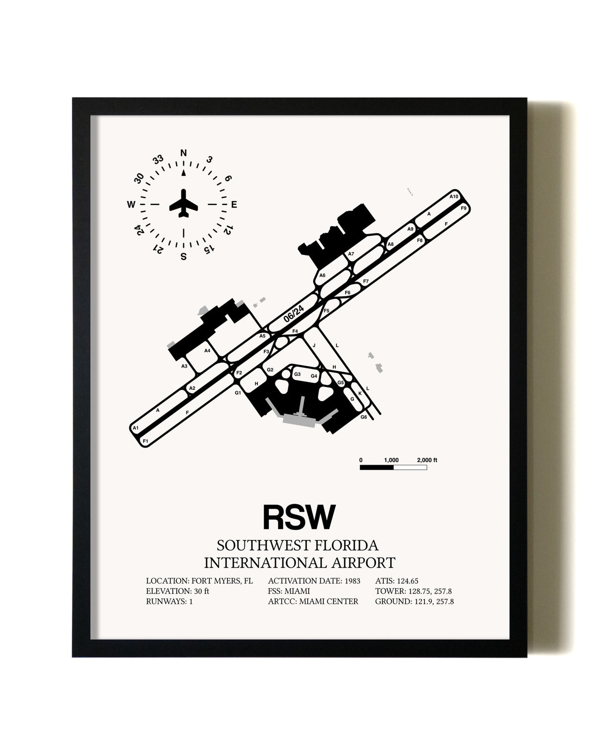 Framed Southwest Florida International Airport wall art poster in black frame