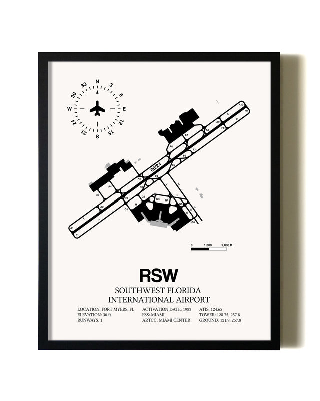 Framed Southwest Florida International Airport wall art poster in black frame