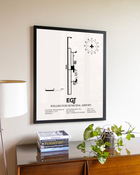 Wellington Municipal Airport aviation wall décor in black wood frame