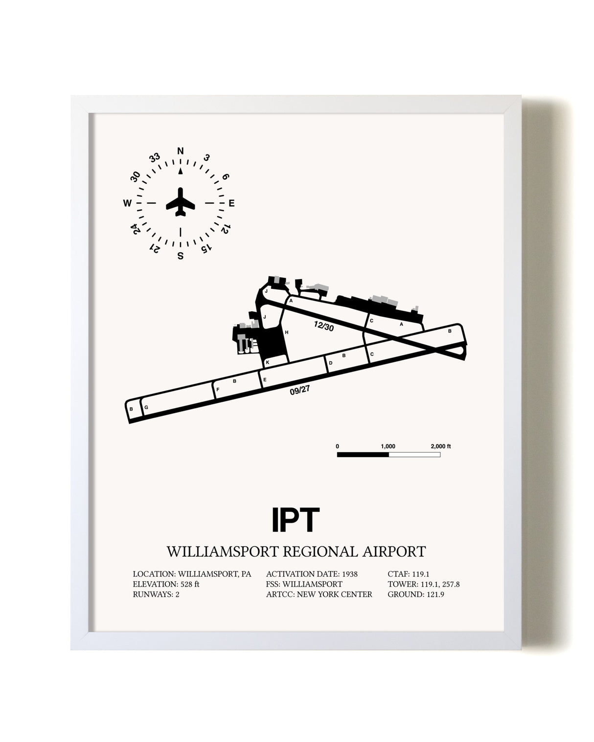 Williamsport Regional Airport airport map poster in oak frame