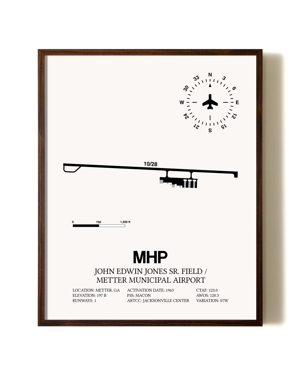 John Edwin Jones Sr Field / Metter Municipal Airport aviation print in walnut frame