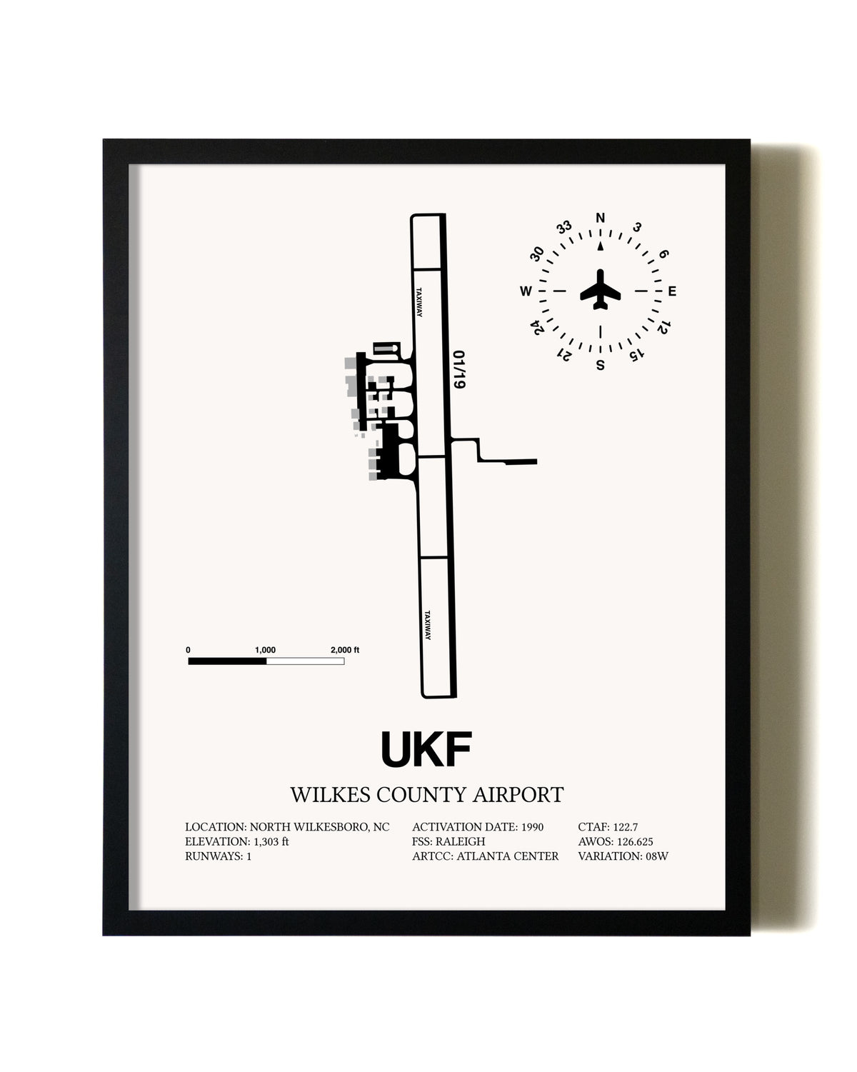 Framed Wilkes County Airport wall art poster in black frame