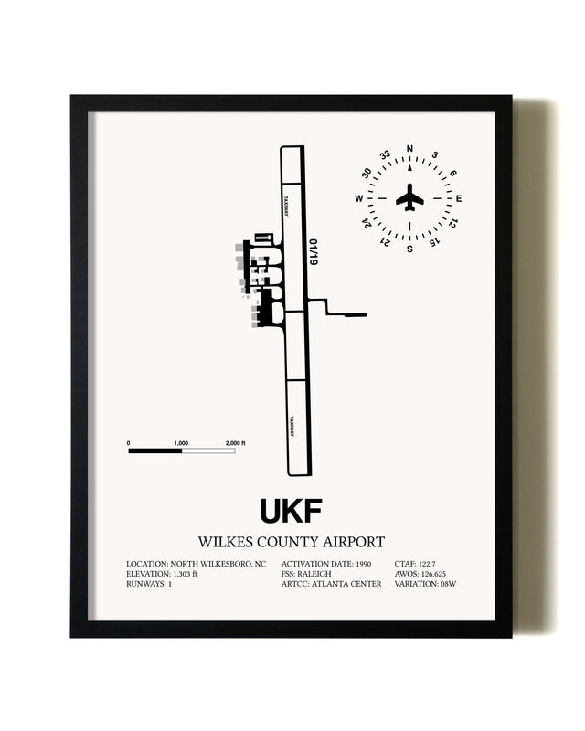 Framed Wilkes County Airport wall art poster in black frame