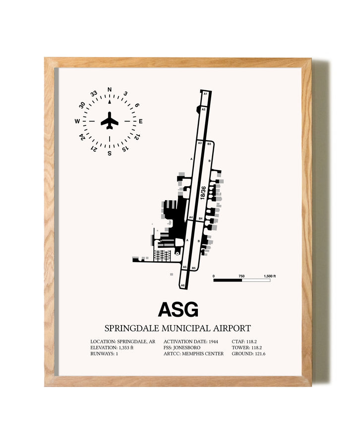 Springdale Municipal Airport framed print in natural wood frame