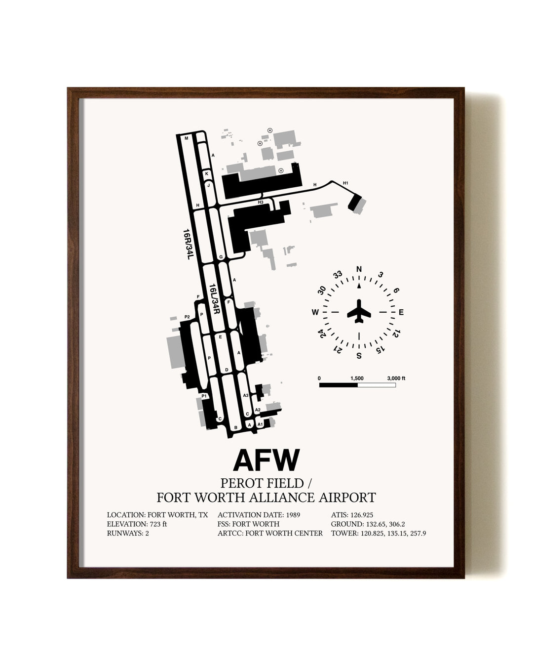 Perot Field / Fort Worth Alliance Airport aviation print in walnut frame
